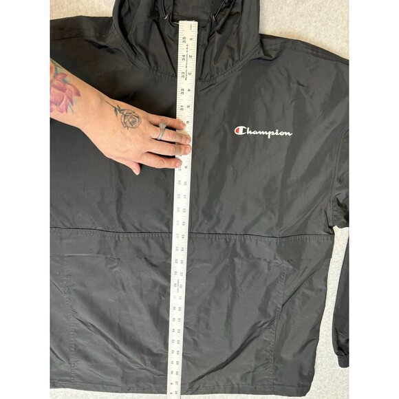 Vintage Black Champion Windbreaker With Hood Quarter Zip With Pockets Large - Picture 7 of 15